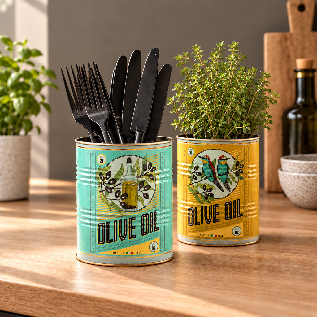 Two decorative metal canisters labeled 'Olive Oil' used as kitchen utensil holders, filled with wooden spoons and a white whisk, on a kitchen counter.