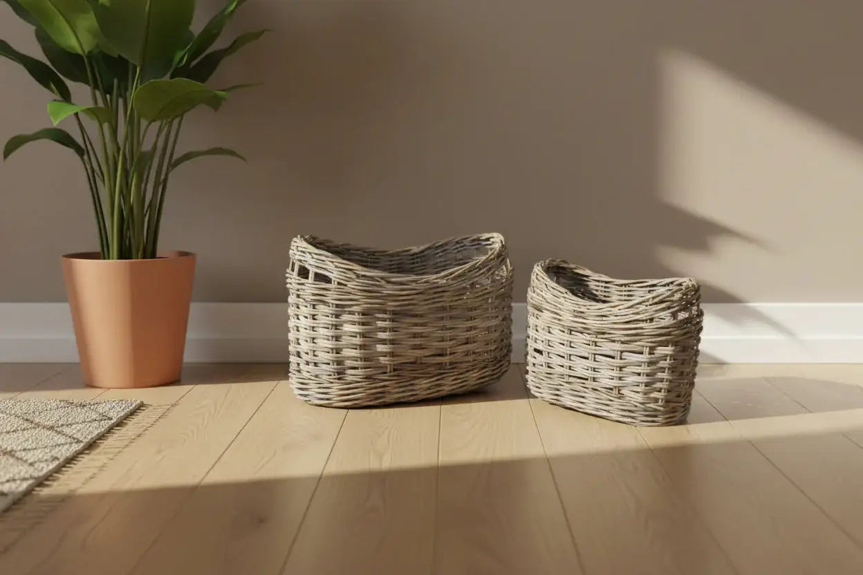 Two wicker baskets on a wooden floor with a plant in the background.