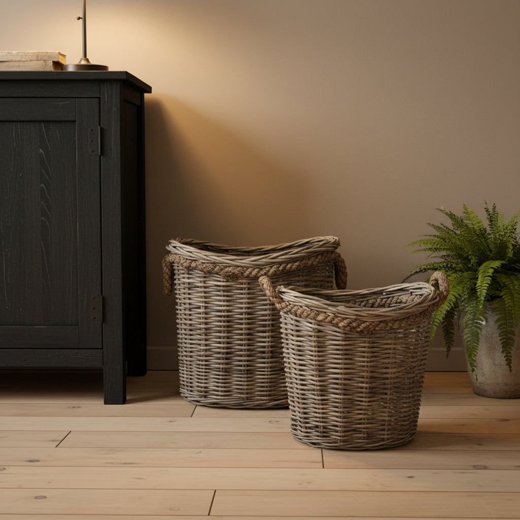 Two wicker baskets on a wooden floor next to a dark cabinet.