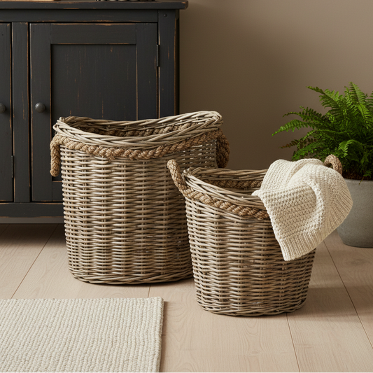 Two woven baskets with a knit blanket on a wooden floor next to a cabinet.