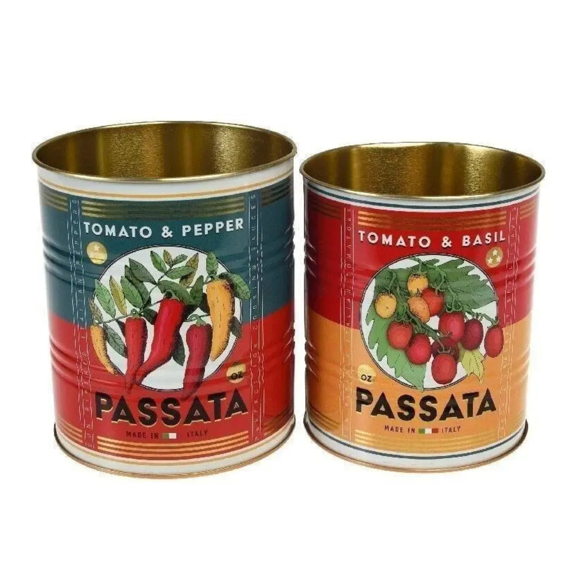 Two vintage-style metal Passata tomato cans with gold-toned interiors, shown side by side on a white background. The left can is labeled 'TOMATO & PEPPER' with red and blue graphics, and the right can is labeled 'TOMATO & BASIL' with red and orange graphics.