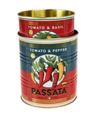 Two vintage-style metal canisters of Passata tomato sauce stacked on a white background. The top canister is red with green and white graphics for 'Tomato & Basil', and the bottom canister is red and dark blue with graphics for 'Tomato & Pepper' and the brand 'PASSATA'.