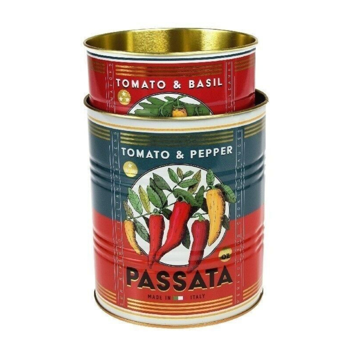 Two vintage-style metal canisters of Passata tomato sauce stacked on a white background. The top canister is red with green and white graphics for 'Tomato & Basil', and the bottom canister is red and dark blue with graphics for 'Tomato & Pepper' and the brand 'PASSATA'.
