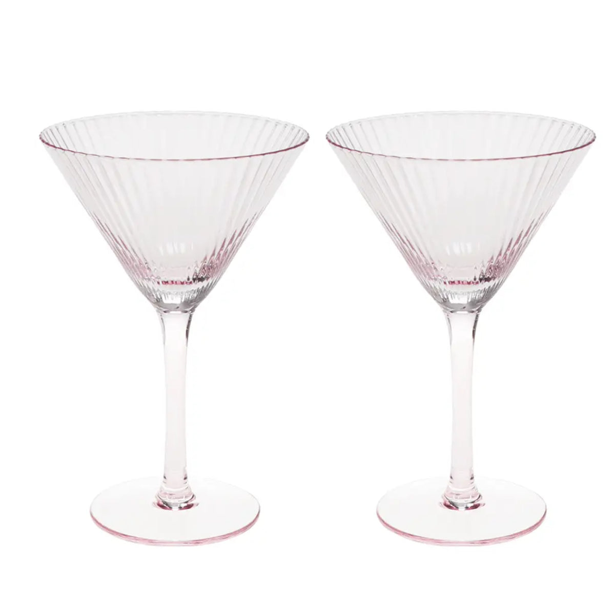 Two clear martini glasses with a delicate pink tint and vertical fluted detailing, shown side-by-side on a white background.