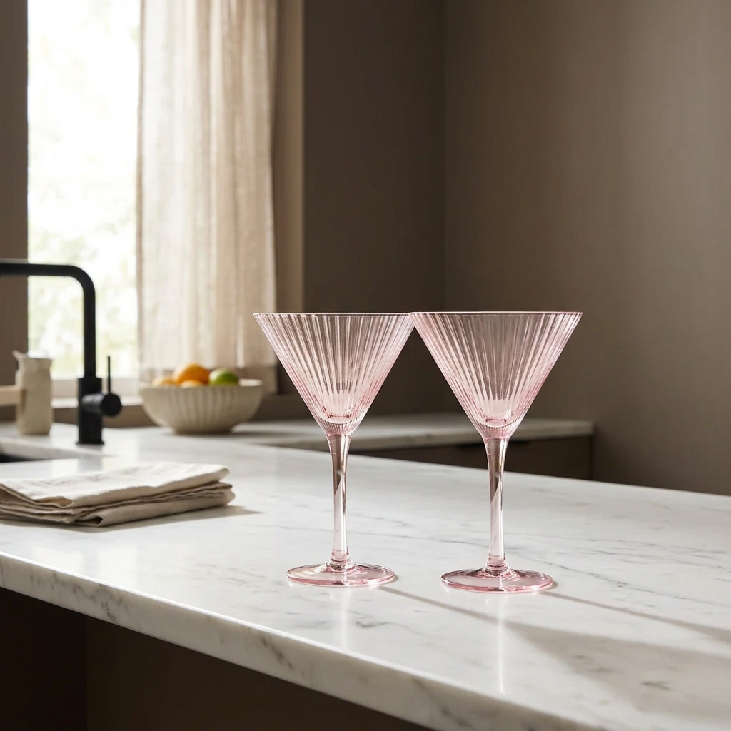 Two pink fluted martini glasses on a white marble kitchen counter in a modern kitchen setting.