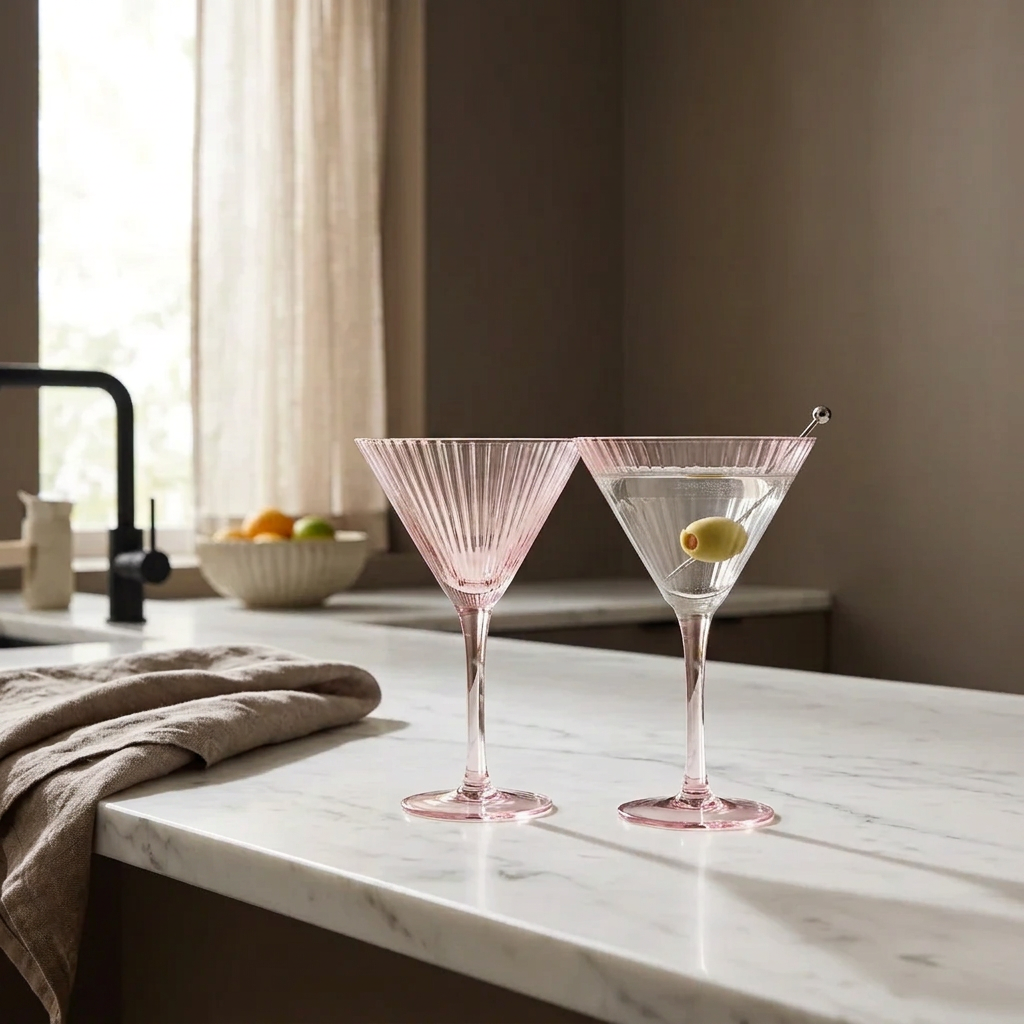 Two pink fluted glass martini glasses on a white marble kitchen counter, with one empty and one filled with a clear drink and an olive garnish.