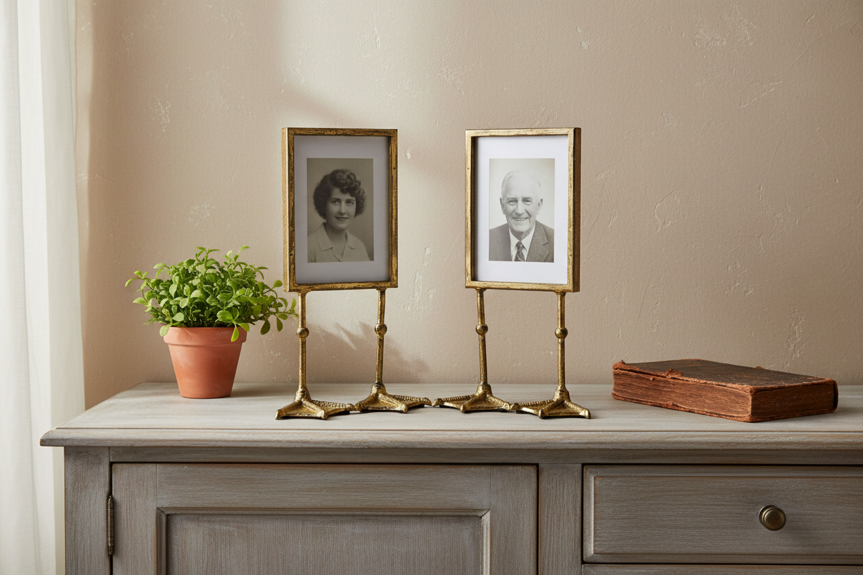 Two gold-framed photographs on stands with a plant and book on a wooden surface.