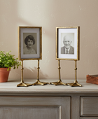 Two gold-framed photographs on stands with a plant and book on a wooden surface.