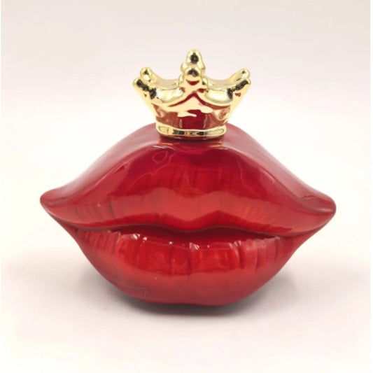 Red lip-shaped container with a gold crown on a white background