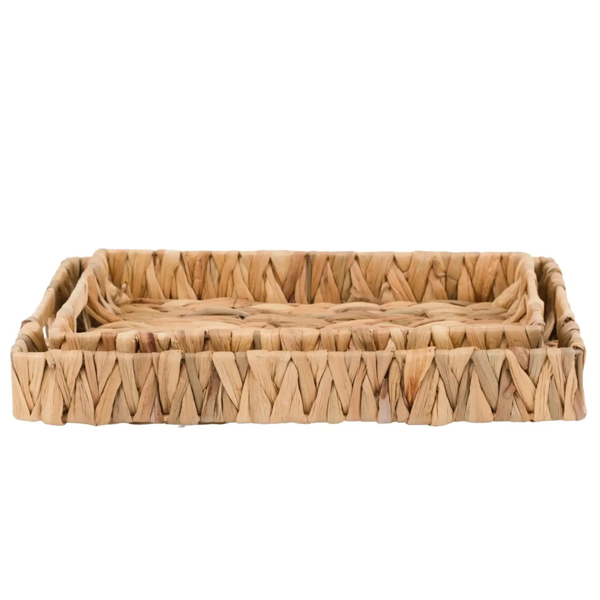 Woven rattan tray on a white background