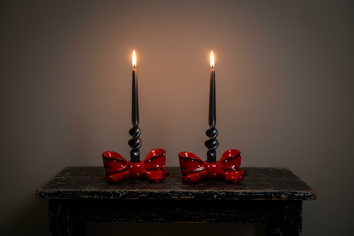 Two black spiral taper candles with bright flames, set in matching black holders decorated with glossy red bows, placed on a dark rustic table against a plain dark wall.