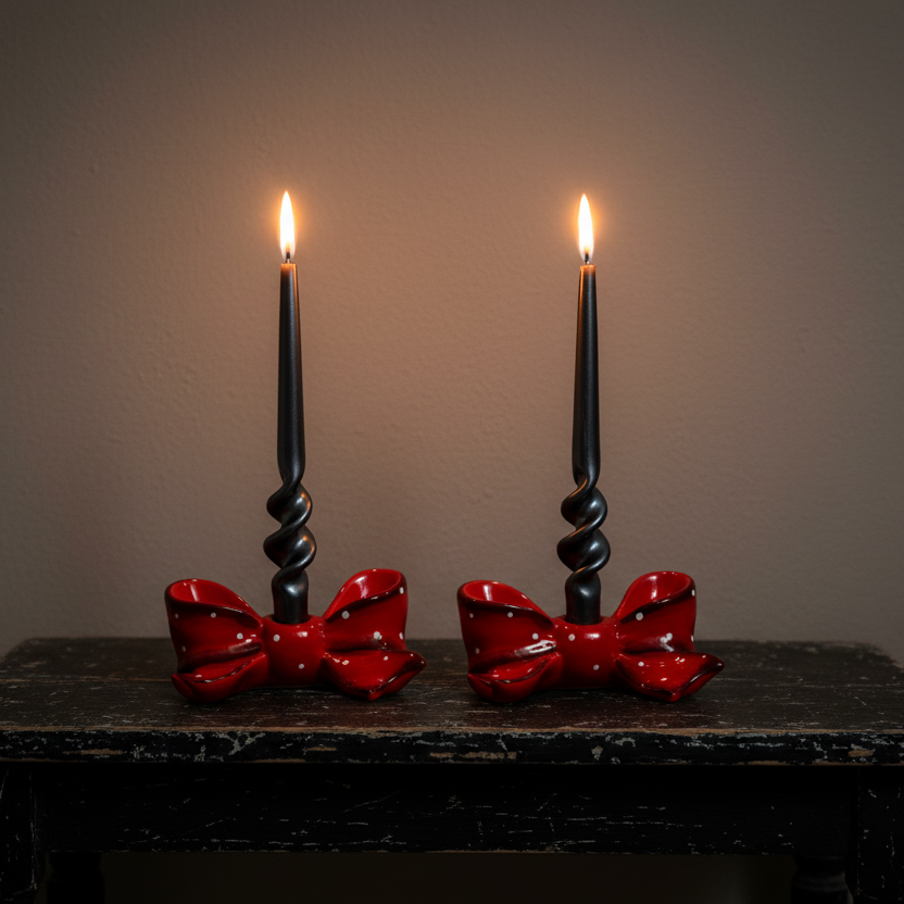 Two black taper candles in spiral holders with red bow-shaped bases, displayed on a dark wooden table against a warm brown wall.