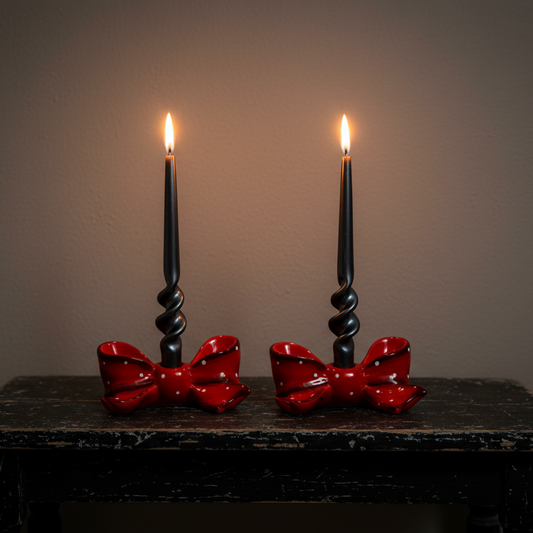 Two black taper candles in spiral holders with red bow-shaped bases, displayed on a dark wooden table against a warm brown wall.