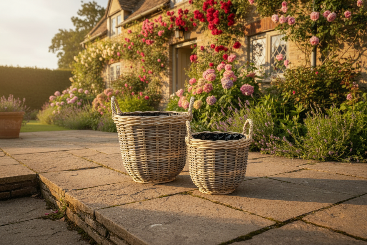 Two wicker baskets on a stone patio with a garden and house in the background