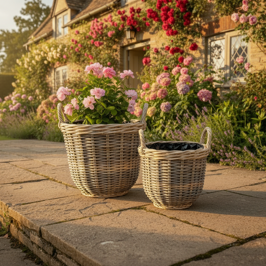 Wicker planters with flowers on a stone patio in front of a house with floral decorations.