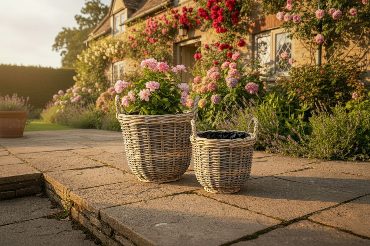 Two wicker planters with flowers on a stone patio in front of a house with floral decorations.