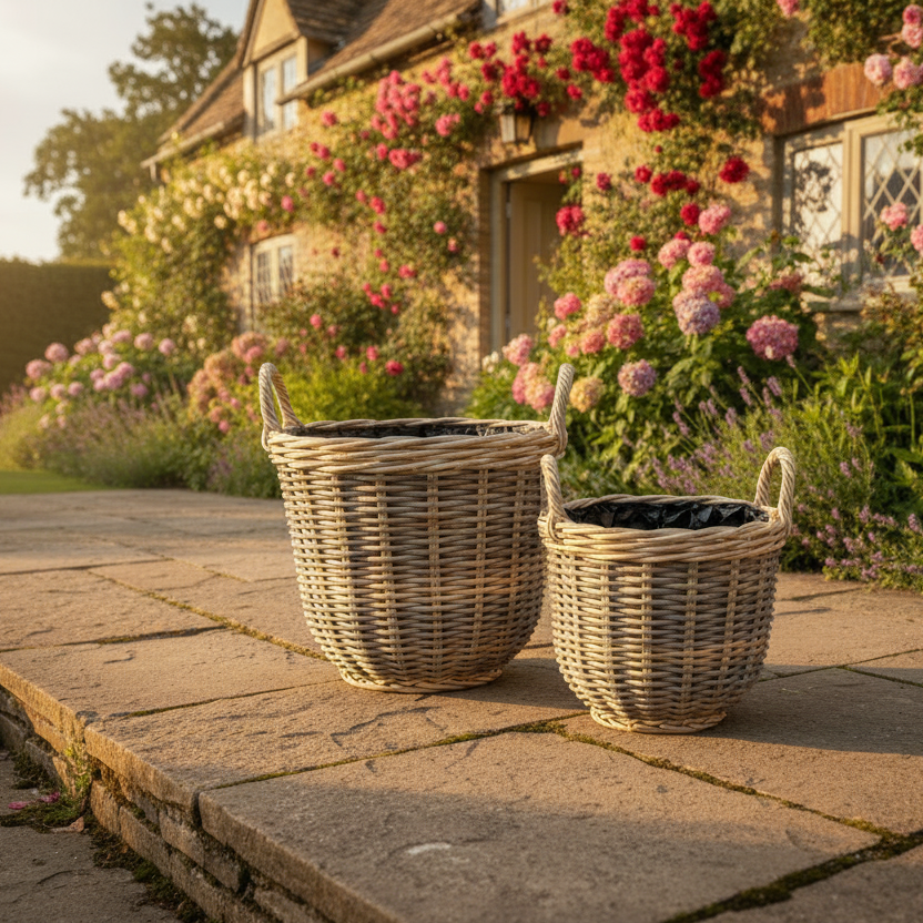 Wicker planters on a stone patio with a house and garden in the background