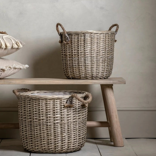 Set of 2 Round Woven Wicker Baskets with Handles 4