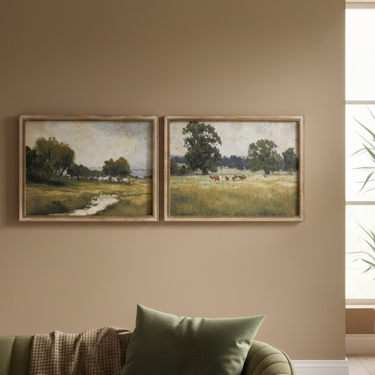 Two framed landscape paintings hang side by side on a warm beige wall above a green sofa. The left painting shows trees and a stream, and the right painting shows a grassy field with cows.