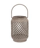 A rustic metal lantern with a textured, weathered gray finish, featuring an open lattice pattern on the body and a curved metal handle on top, set against a plain white background.