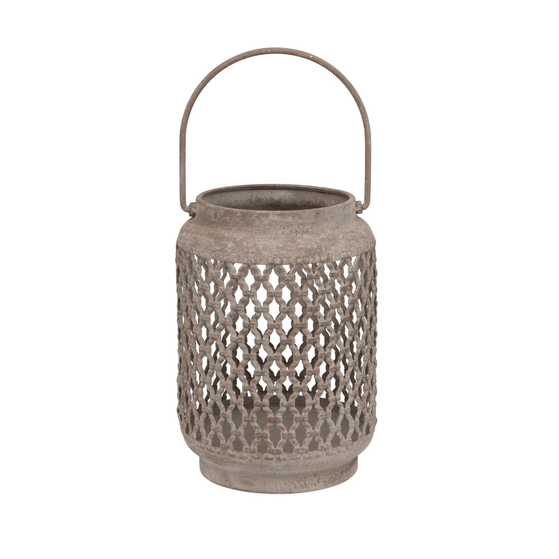 A rustic metal lantern with a textured, weathered gray finish, featuring an open lattice pattern on the body and a curved metal handle on top, set against a plain white background.