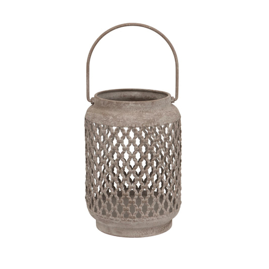 A rustic metal lantern with a textured, weathered gray finish, featuring an open lattice pattern on the body and a curved metal handle on top, set against a plain white background.