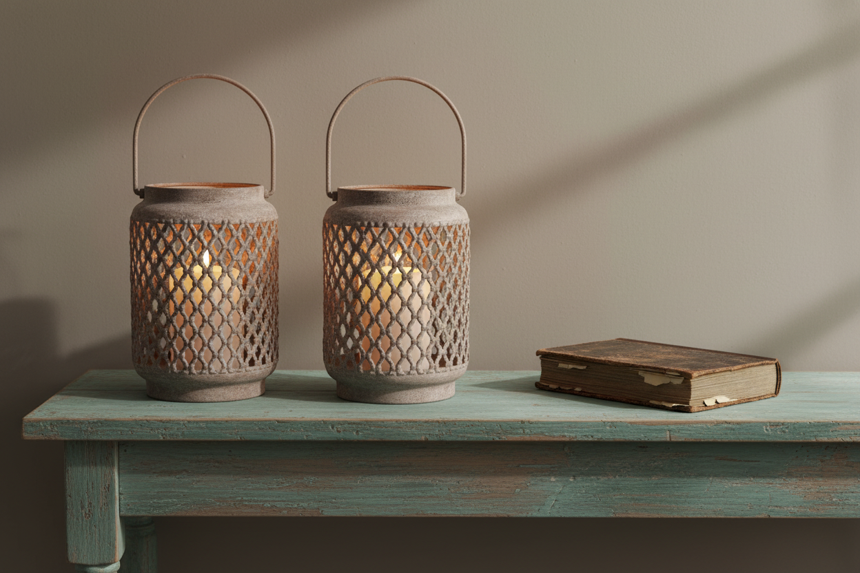 Two rustic metal lantern candles with wire handles sit on a distressed teal table next to an old book against a warm beige wall with soft shadows.
