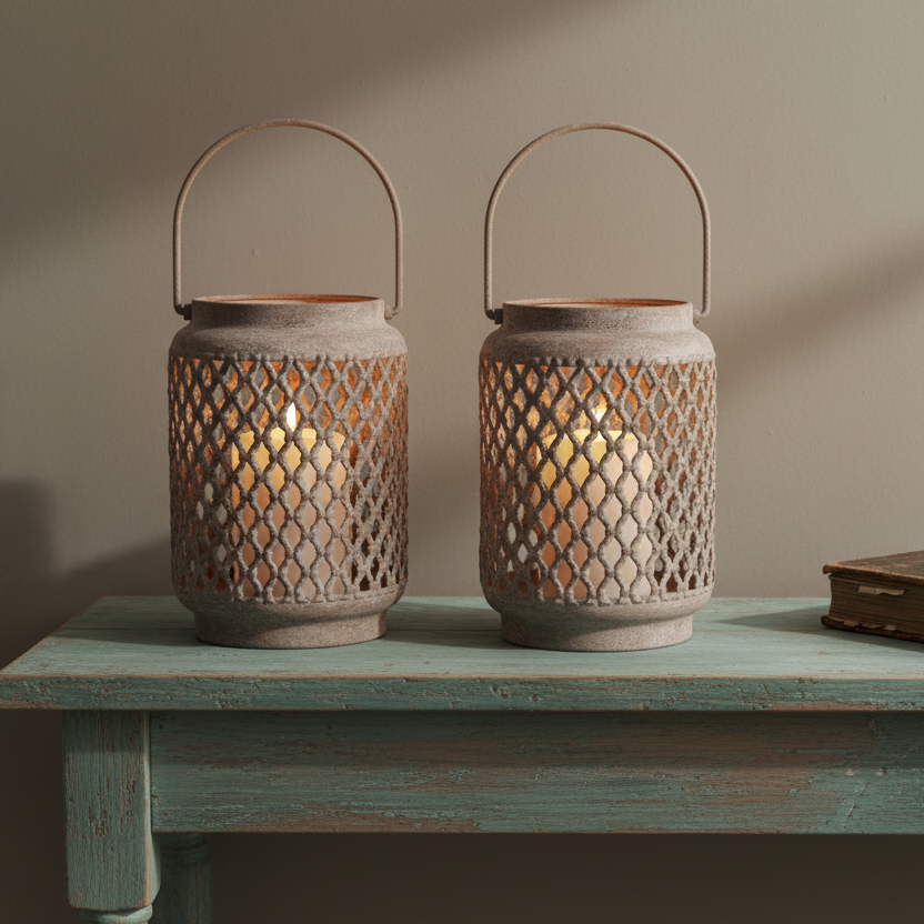Two rustic metal lantern candles with wire diamond-pattern cutouts and arched handles, placed on a distressed teal table against a warm beige wall.