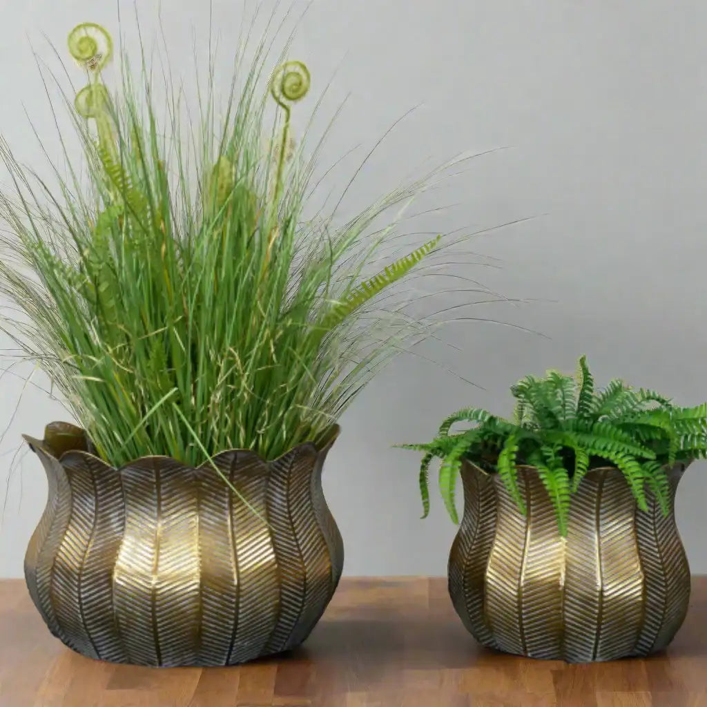Two decorative planters with plants on a gray surface against a white wall.