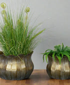 Two decorative planters with plants on a gray surface against a white wall.