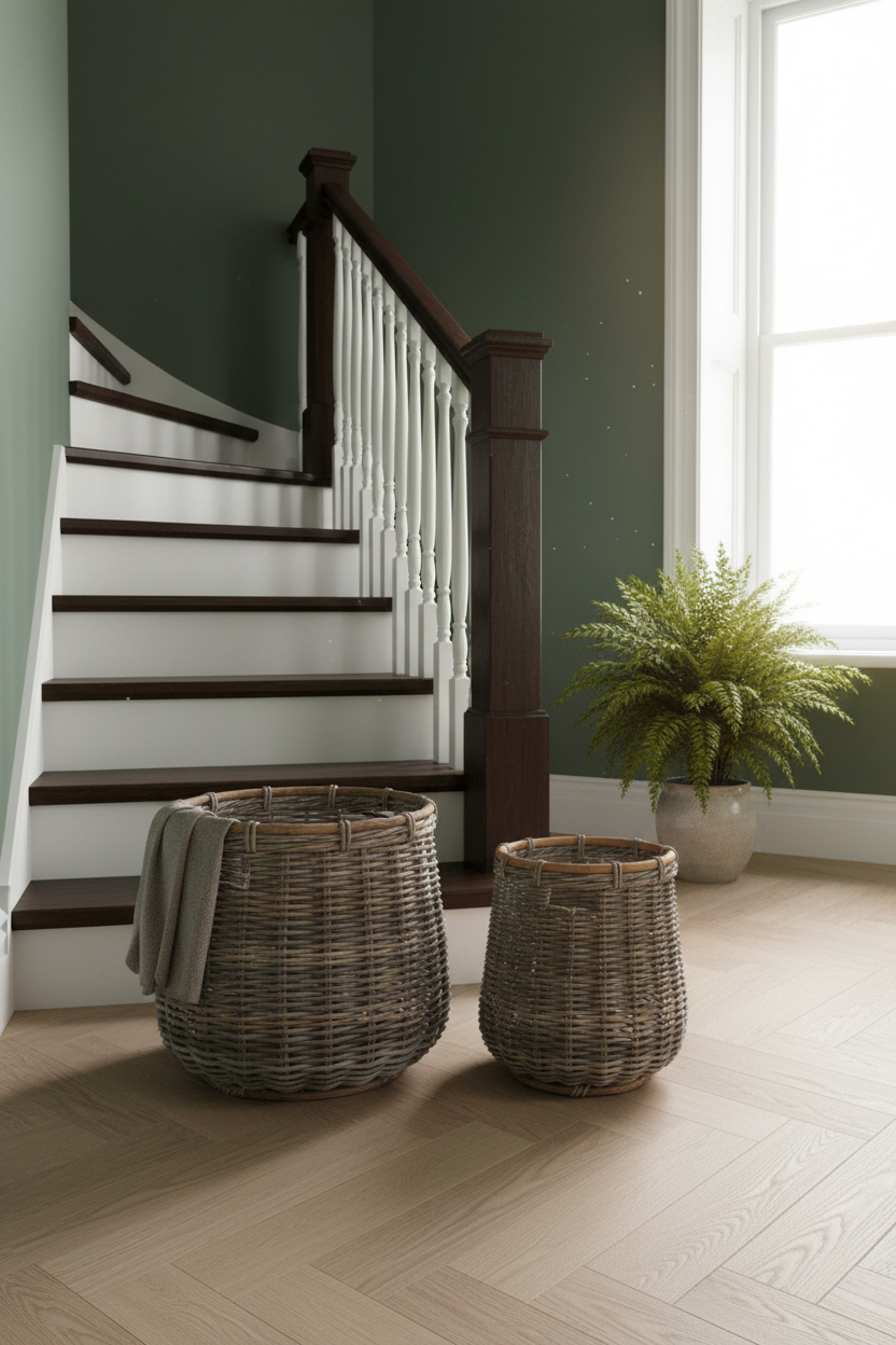 Staircase with wicker baskets and a plant in a room with green walls and a window.