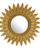 A decorative sunburst wall mirror with a gold-finished frame featuring radiating leaf-like rays and a beaded inner border, shown against a plain white background.