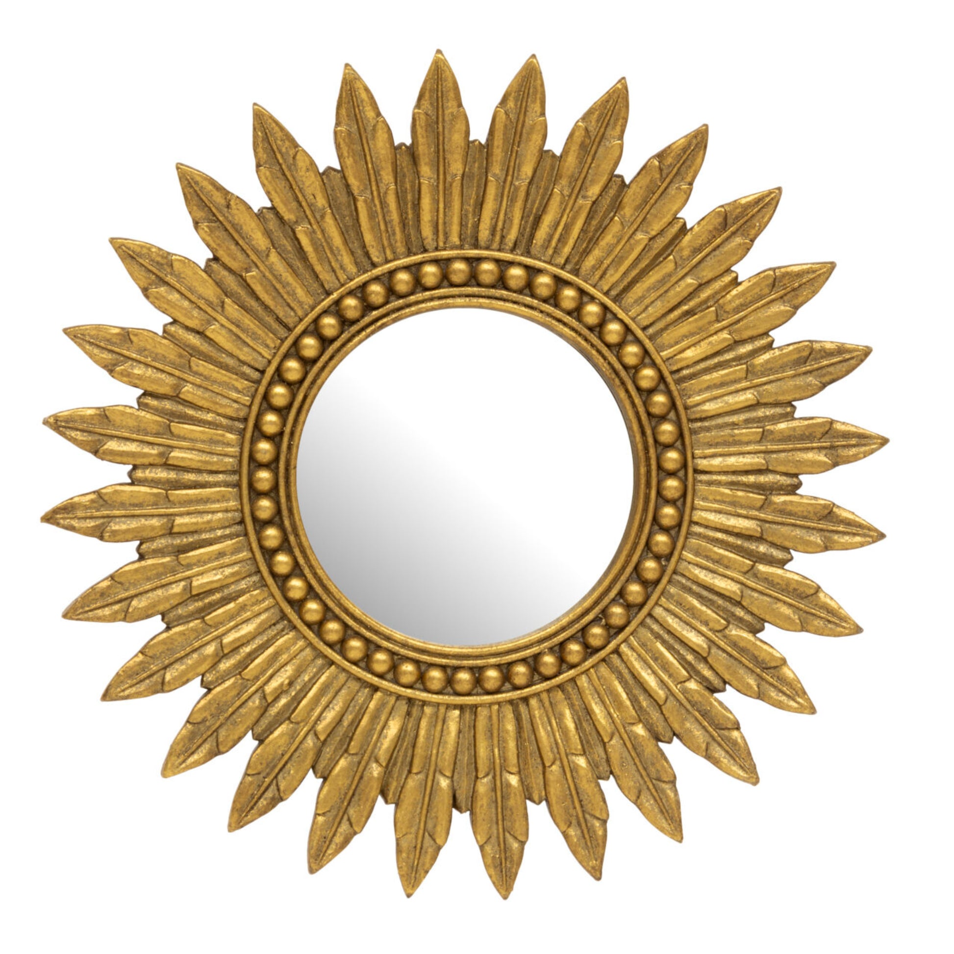 A decorative sunburst wall mirror with a gold-finished frame featuring radiating leaf-like rays and a beaded inner border, shown against a plain white background.