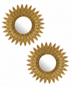 Two matching round wall mirrors with ornate gold sunburst frames, shown on a plain white background.