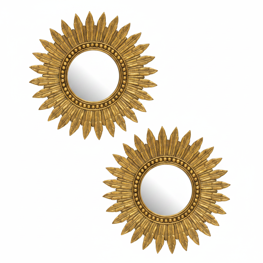 Two matching round wall mirrors with ornate gold sunburst frames, shown on a plain white background.