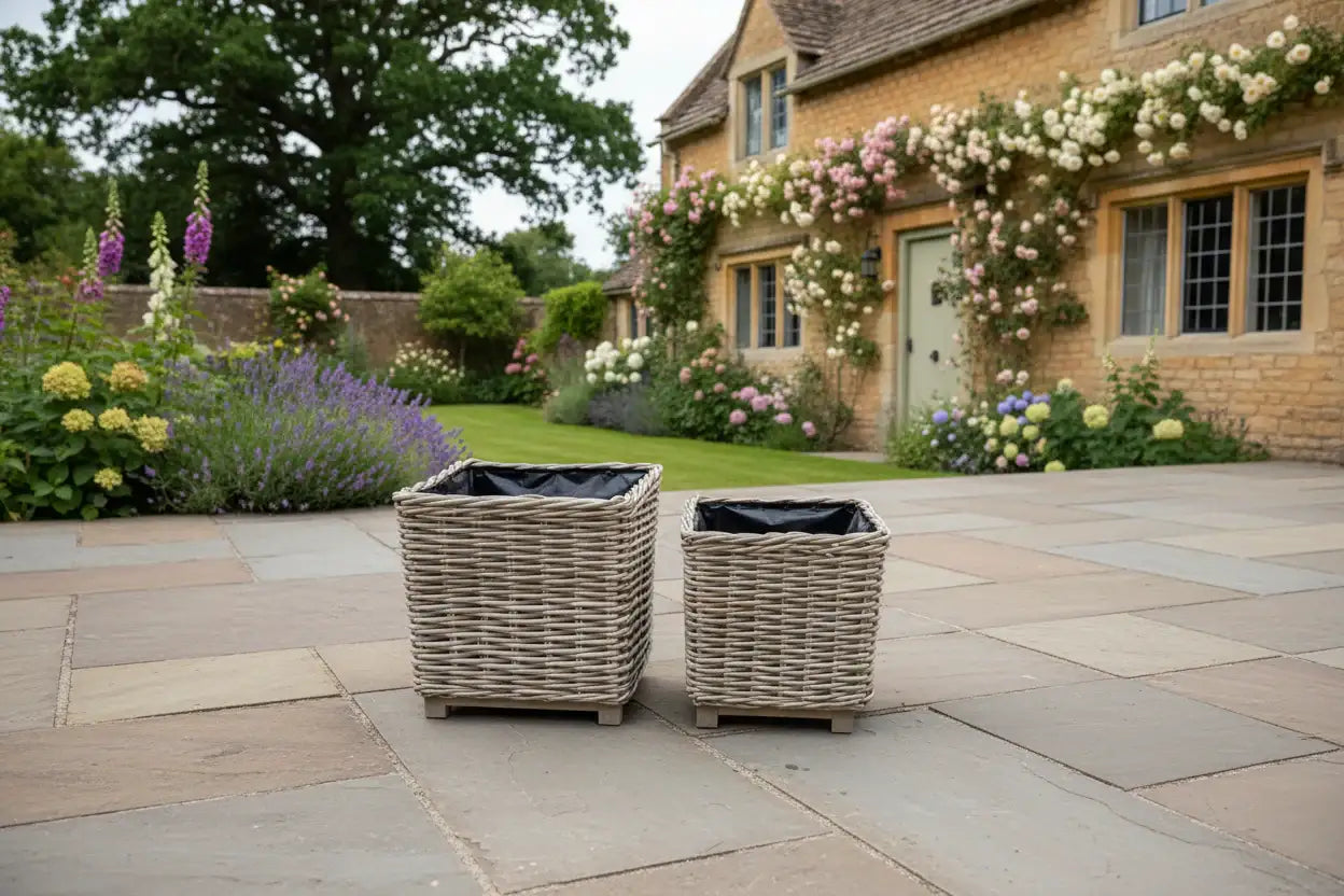 Two wicker planters on a stone patio with a garden and house in the background.