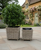 Two wicker planters with green plants on a stone patio in front of a house with floral decorations.