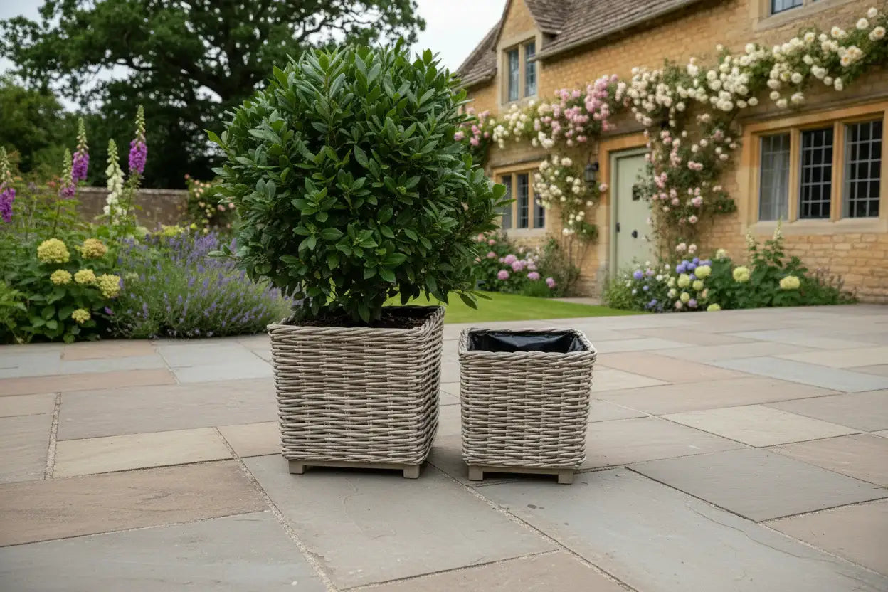 Two wicker planters with greenery on a stone patio in front of a house with floral decorations.