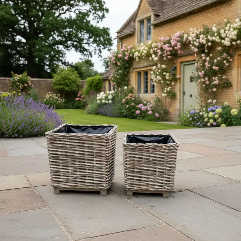 Two wicker planters on a stone patio with a garden and house in the background