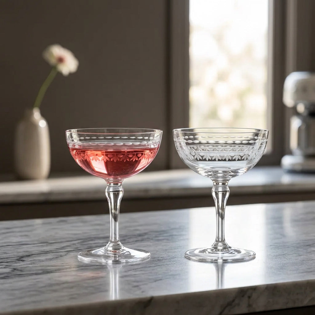 Two clear stemmed coupe glasses on a white tablecloth, one filled with pink liquid and one empty, with a plate of peaches in the background.