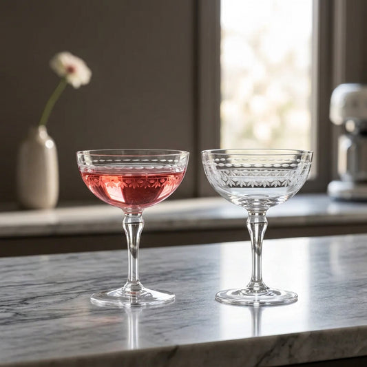 Two clear stemmed coupe glasses on a white tablecloth, one filled with pink liquid and one empty, with a plate of peaches in the background.