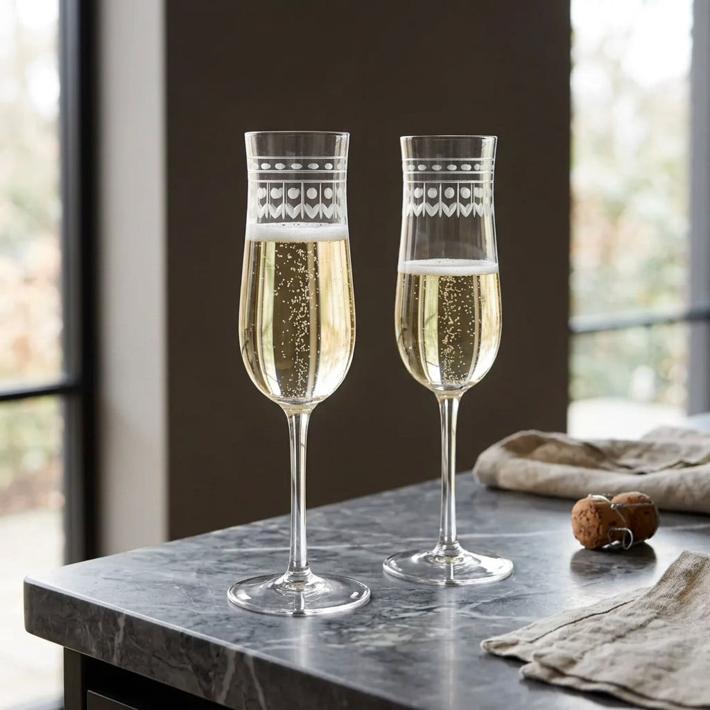 Two clear champagne flutes filled with pale golden liquid, set on a white fabric surface with a small sprig of greenery and a cork in the background.