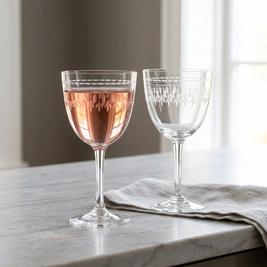 Set of 2 Vintage Etched Wine Glasses – Clear Retro Style Stemmed Glassware