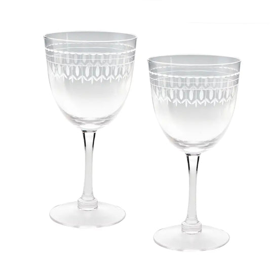Set of 2 Vintage Etched Wine Glasses – Clear Retro Style Stemmed Glassware 1