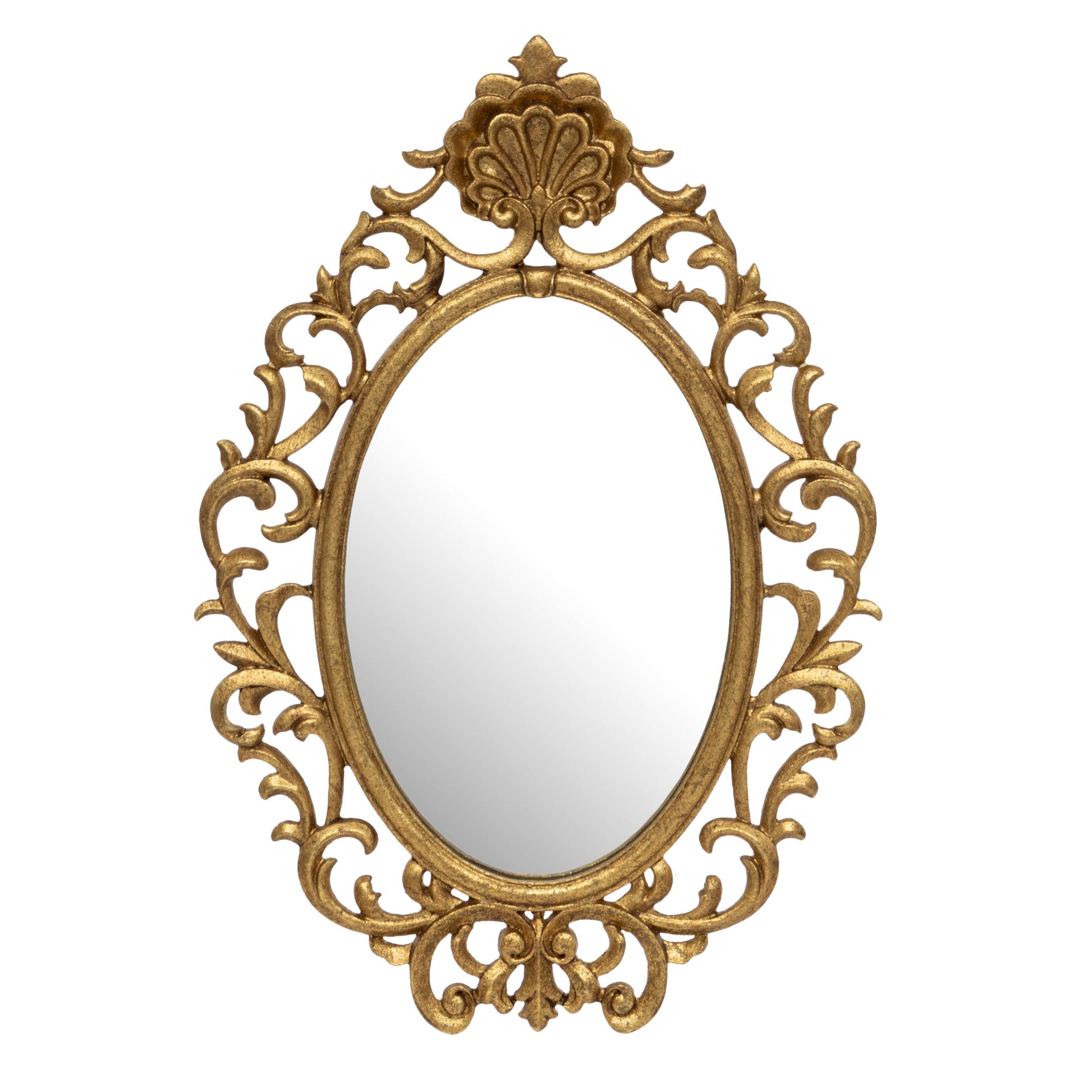 An ornate oval wall mirror with an elaborate gilded baroque-style frame featuring scrollwork and a decorative crest at the top, shown against a plain white background.