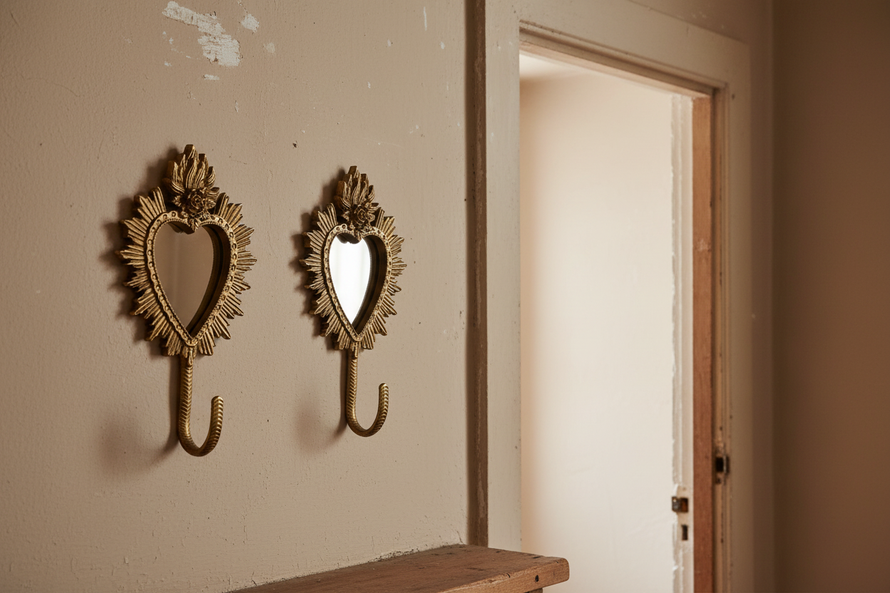 Two ornate gold wall hooks with heart-shaped mirrors, mounted on a beige wall next to an open doorway.