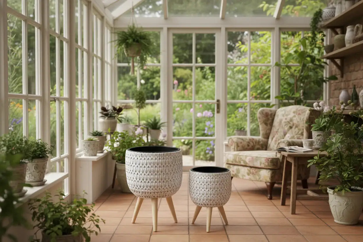 Two decorative planters with woven design and wooden legs on a white background