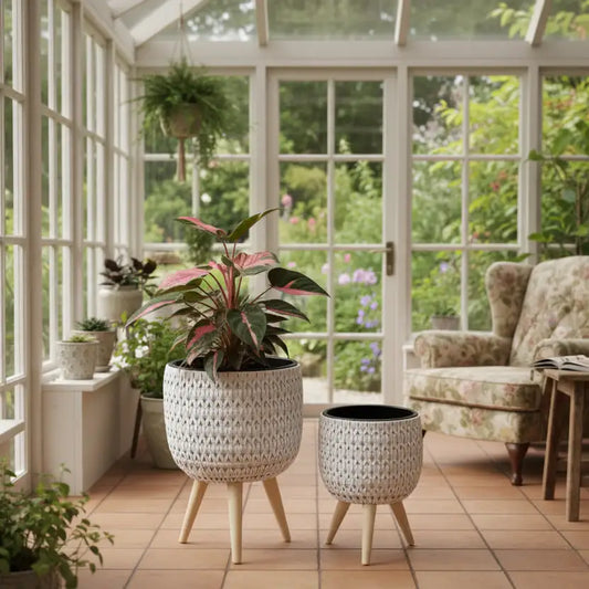 Sunroom with plants and a chair, featuring large windows with a garden view.