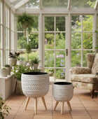 Sunroom with large windows, plants, and a floral armchair.