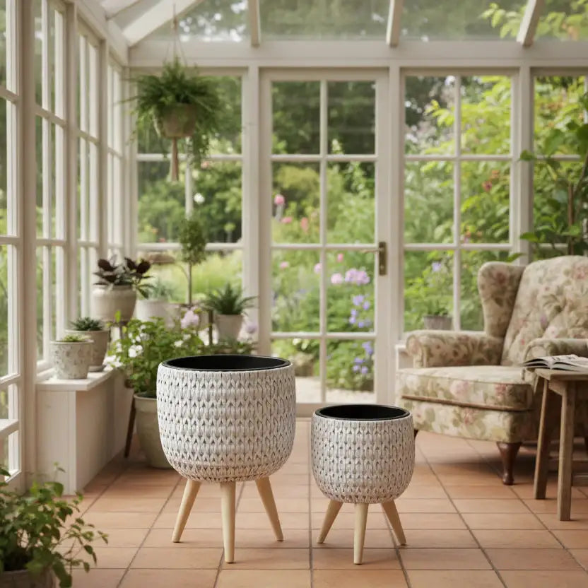 Sunroom with large windows, plants, and a floral armchair.
